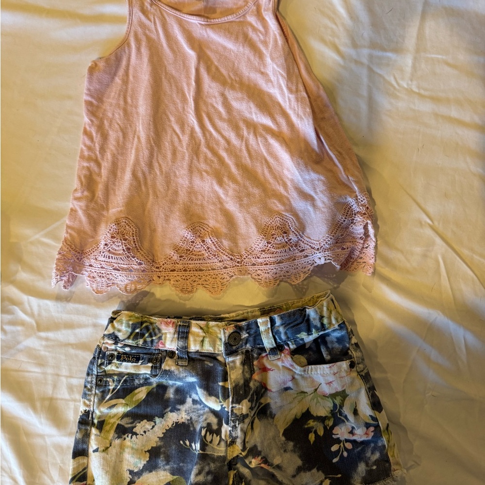 Ralph Lauren Floral Jean Shorts - Blue and White with Pink top (Kids size 6)